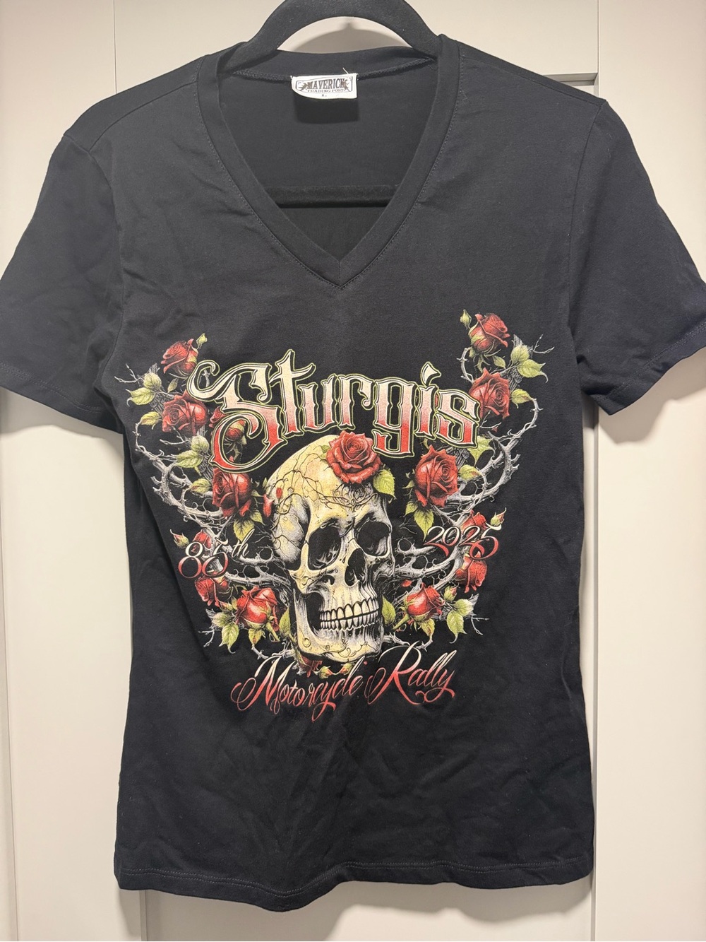 Sturgis 2025 86th anniversary Black V-Neck Sturgis Skull & Rose Graphic Tee
